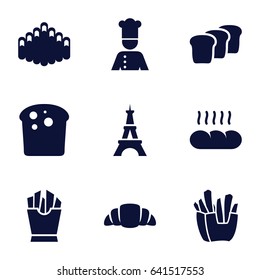 French icons set. set of 9 french filled icons such as eiffel tower, french fries, croissant, harmonica, chef