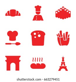 French icons set. set of 9 french filled icons such as arc de triomphe, eiffel tower, french fries, croissant, harmonica, chef, bread