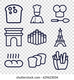 French icons set. set of 9 french outline icons such as arc de triomphe, eiffel tower, french fries, harmonica, chef, bread