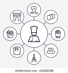 French icons set. set of 9 french outline icons such as arc de triomphe, eiffel tower, french fries, chef, bread
