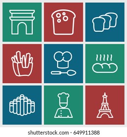 French icons set. set of 9 french outline icons such as arc de triomphe, eiffel tower, french fries, harmonica, chef, bread