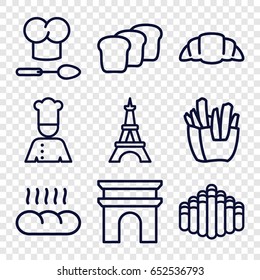French icons set. set of 9 french outline icons such as arc de triomphe, eiffel tower, french fries, croissant, harmonica, chef, bread