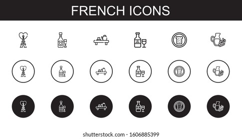french icons set. Collection of french with eiffel tower, wine, tea, bread. Editable and scalable french icons.