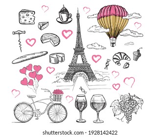 French icons, set of hand drawn style, Paris sketch illustration, vector.	
