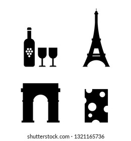 French Icons Set. Wine, Eiffel Tower, Triumphal Arch, Cheese. Vector illustration.