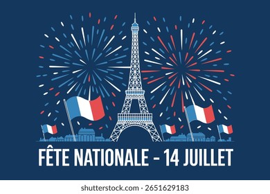 Design do dia da independência francesa com bandeira, fogos de artifício e símbolo da Torre Eiffel para evento patriótico do Dia da Bastilha