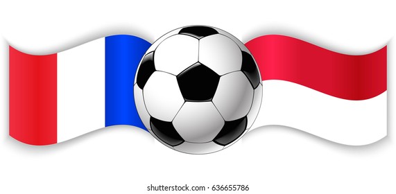 French and Indonesian wavy flags with football ball. France combined with Indonesia isolated on white. Football match or international sport competition concept.