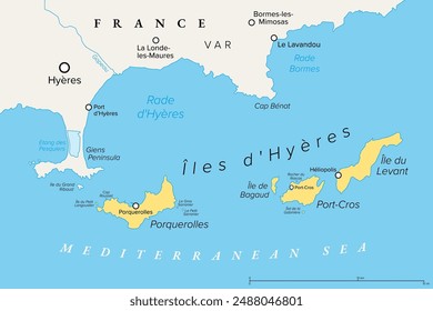 Îles d'Hyères, französische Inselgruppe, politische Karte. Auch Îles d'Or, eine Gruppe von 4 Mittelmeerinseln vor Hyères im Departement Var im Südosten Frankreichs. Teil der Côte d'Azur und der Côte des Maures.