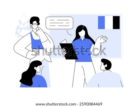 French isolated cartoon vector illustrations. Group of linguist students speaking French, dialog and oral communication skills, present information, learn foreign languages vector cartoon.