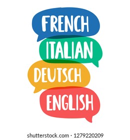 French, italian, deutsch, english. Translation, bilingual concept. Hand drawn vector icon illustrations on white background.