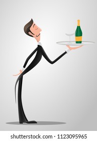 French or Italian Waiter wearing the uniform holding a dish of champaign bottle cartoon character. Fun flat cartoon person