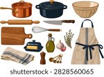 French Kitchen Essentials vector illustration collection with copper saucepan, cast iron Dutch oven, ceramic mixing bowl, wooden rolling pin.