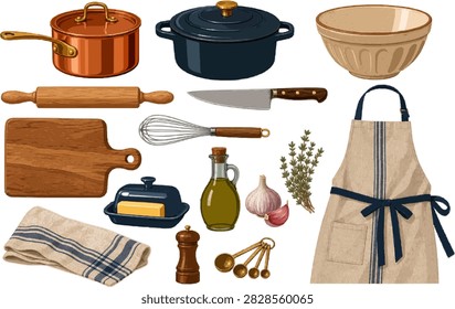 French Kitchen Essentials vector illustration collection with copper saucepan, cast iron Dutch oven, ceramic mixing bowl, wooden rolling pin.