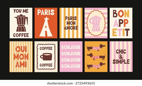 Französische Küchenplakate inspiriert von der Provence. Minimale Retro-Illustrationen mit Kräutern, Oliven, Käse und warmer Café-Typografie.