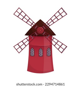 French landmark - red windmill in Paris. Cabaret Moulin Rouge. Flat vector illustration. Isolated on white background.