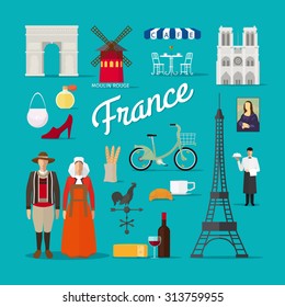 French Landmarks and Culture. Paris in France vector illustration. Traditional costume.