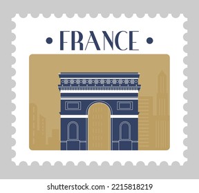 French landmarks and famous sights, postmark or postcard with arch of triumph. France architecture and building construction. Postal mark or card, stamp for letter. Vector in flat style illustration
