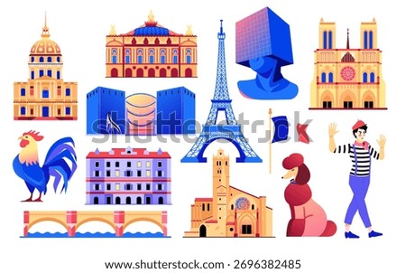 French landmarks and symbols - set of flat design style objects