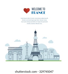 French Landmarks. Vector travel destinations icon set. Eiffel tower, Notre Dame in Paris, France