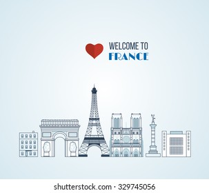 French Landmarks. Vector travel destinations icon set. Eiffel tower, Notre Dame in Paris, France