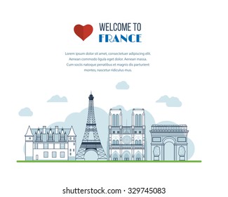 French Landmarks. Vector travel destinations icon set. Eiffel tower, Notre Dame in Paris, France