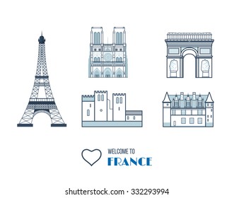French Landmarks. Vector travel destinations icon set. Eiffel tower, Notre Dame in Paris, France