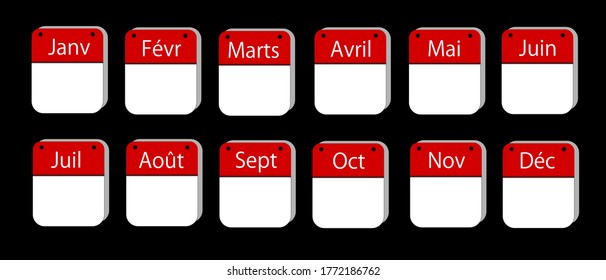 French language Blank Calendar Red and White reflective Button icon set, internet for business, education, today or holiday use