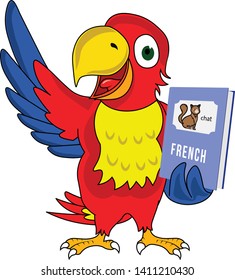 french language book presenting by a happy cartoon character parrot