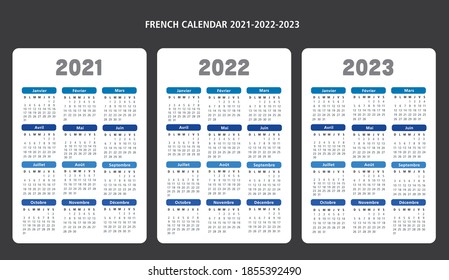 French Language Calendar Years 2021-2022-2023 Dates Vector Template Text Is Outline 