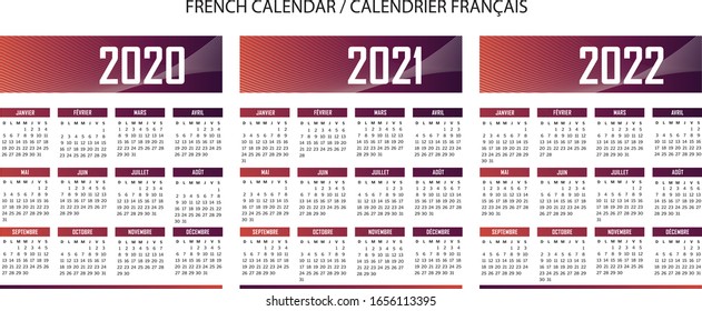 French language color calendar for year 2020 2021 2022 vector text is outline