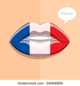 French language concept. Glamour lips with make-up of the French flag, woman face. Flat design, vector illustration.