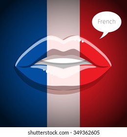 French language concept. Glamour lips with make-up of the French flag, woman face. Flat design, vector illustration.