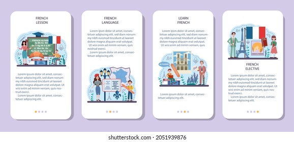 Conjunto de conceptos en francés. Curso francés de la escuela de idiomas. Estudiar idiomas extranjeros con hablante nativo. Idea de comunicación global. Ilustración vectorial en estilo de caricatura