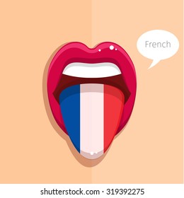 French language concept. French language tongue open mouth with French flag, woman face. Flat design, vector illustration.