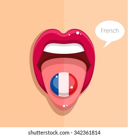 French language concept. French language tongue open mouth with French flag, woman face. Flat design, vector illustration.