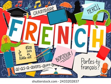 French language concept. Translation: thank you; Good morning; grammar; Do you speak French; I am; You are; He, she is; have. 