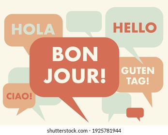 French language courses concept illustration. Translation from left to right: word "Hello" in Italian, Spanish, French, English and German language. Abstract speech bubbles vector.