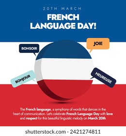 French Language day. 20th March French Language day celebration banner, card with french flag colours background. Speech bubbles of different french words Bonsior, Joie, heureuse, Bonjour. 