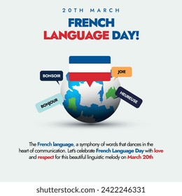 Día del Francés. Banner de la celebración del 20° día de la marcha en francés con la burbuja del discurso de la bandera francesa en el mundo y diferentes burbujas de discursos de palabras francesas. 