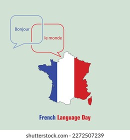 French Language Day concept Bonjour le monde written in French which means hello world with French map. Vector, illustration.