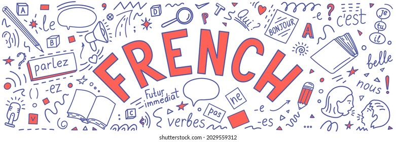 French. Language doodle. "Parlez, qui, nous, pas, verbes, c'est, je, tu, il, belle, Futur immédiat, bonjour". Translate: Speak, who, we, not, verbs, it is, I, you, he, beautiful, Future Simple, Hello