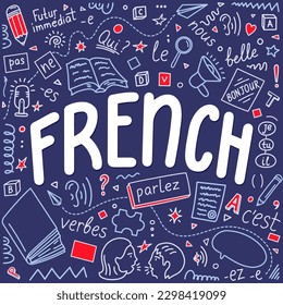 French. Language education doodle."Parlez,qui, nous,ne,pas, verbes, c'est, je,tu,il,belle,Futur immédiat,bonjour". Translate: speak,who,we,do not,verbs,it is, I, you, he, beautiful,Future Simple,Hello