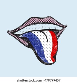 French language learning. Study French icon for dictionary, translator. Flag of France, Paris for language speaking on tongue 