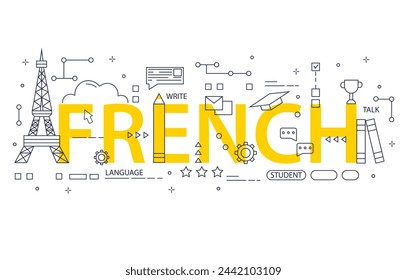 French language learning. Vector illustration for website interface design, learning language. Online course French