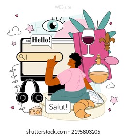 French language lesson online service or platform. Language school french listening, reading and speaking course. Website. Flat vector illustration