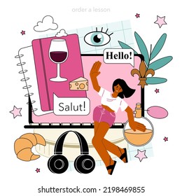French language lesson online service or platform. Language school french listening, reading and speaking course. Online education. Flat vector illustration