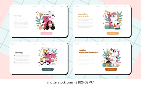 Banner web o página de inicio de clase en francés. Curso de escucha, lectura y habla francés de la escuela de idiomas. Lenguas extranjeras estudiando. Idea de comunicación global. Ilustración vectorial plana