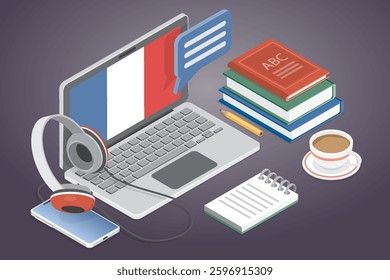 French language lessons. Online language courses concept. Internet class, e learning, distance education, remote school, university. 3d flat isometric vector illustration.