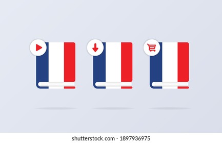 French language online course icon set. Distance education. French dictionary. Audiobooks concept. Vector EPS 10. Isolated on background