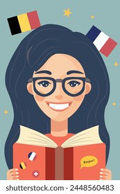 French language school, online courses concept with happy young girl, book, dictionary and francophone countries flags. Vector flat image for banner, poster, advertising